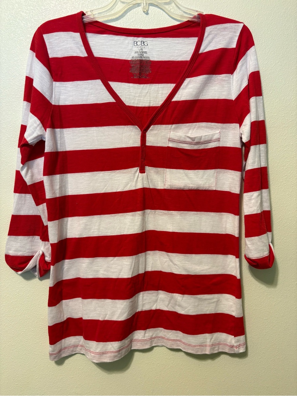 BCBG Red and White Striped V-Neck Long Sleeve Pocket Top